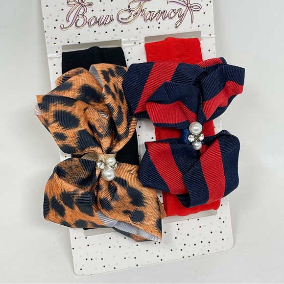 NWT! 2 Headband Set! Leopard print & Striped Pearl & CZ Diamond Bow Headbands - Picture 3 of 7